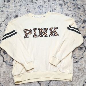 Victoria’s Secret PINK Medium Crewneck Sweatshirt Leopard Logo Ivory